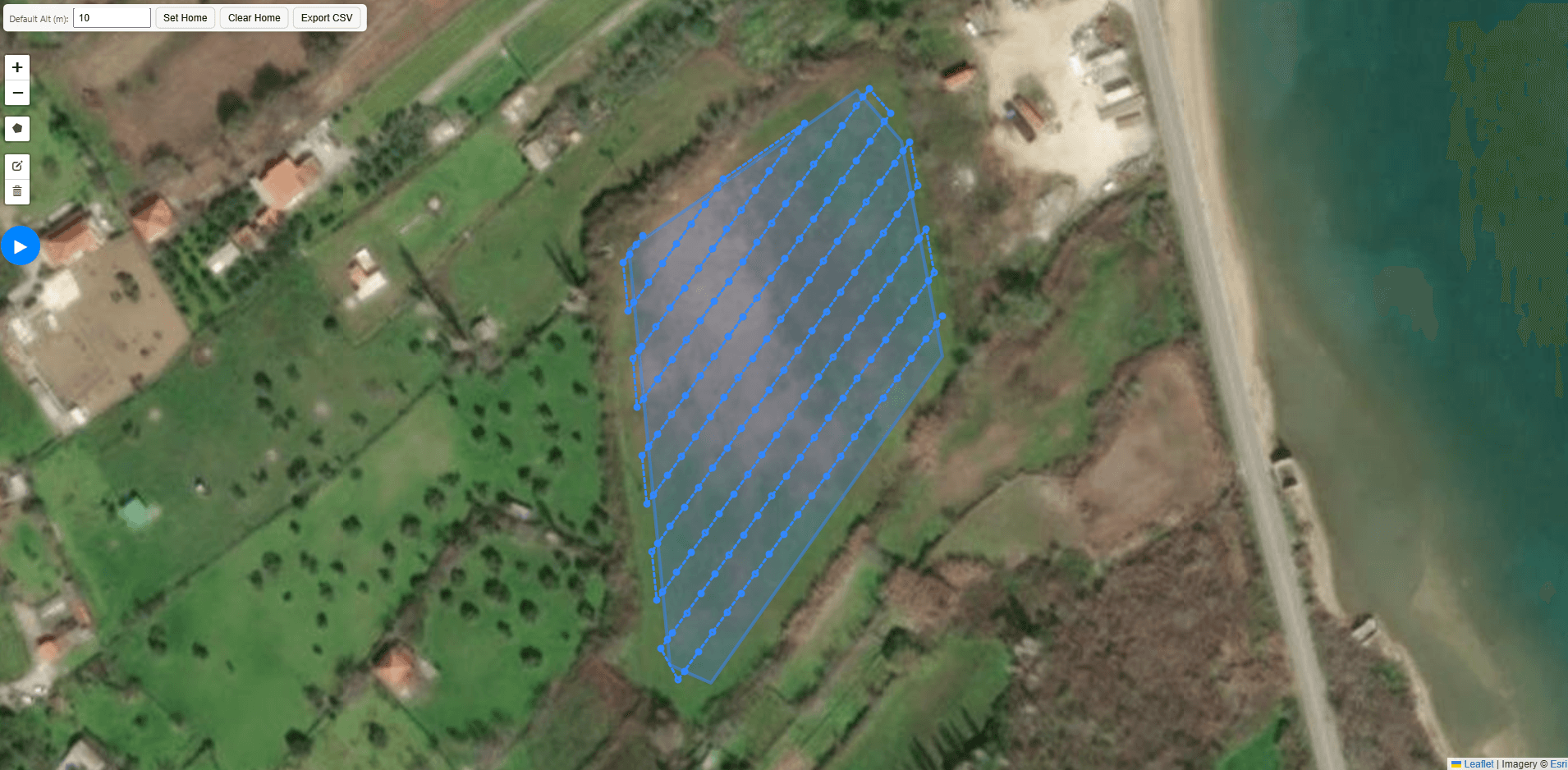 Survey polygon and generated flight route over a satellite map